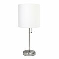 Creekwood Home Oslo 19.5in Contemporary Power Outlet Base Metal Table Lamp, Brushed Steel, White Drum Fabric Shade CWT-2009-WH
